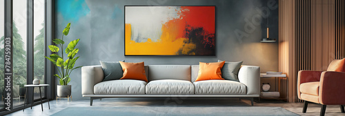 Elegant living room with abstract art. A stylish interior setup with a vibrant abstract painting, ideal for home decor and lifestyle publications.