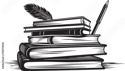 Inkwell Imagery Symbolic Book Stack Icon Tome and Tradition Emblematic Quill and Scroll Design