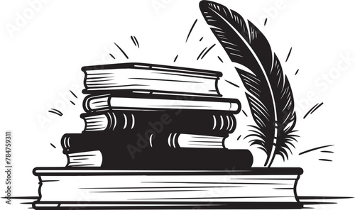 Ink and Imagination Symbolic Quill and Tome Emblem Scholars Spire Classic Book Stack Logo
