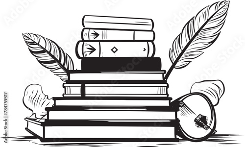 Quill Chronicles Iconic Quill and Parchment Emblem Literary Linchpin Emblematic Book Stack Icon