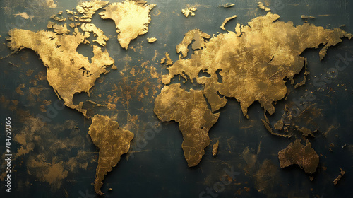 Textured gold world map for luxurious global presentation. Fits themes of wealth, travel, and international business.