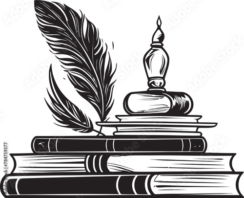 Literary Linchpin Emblematic Book Stack Icon Quill Quest Iconic Emblematic Logo