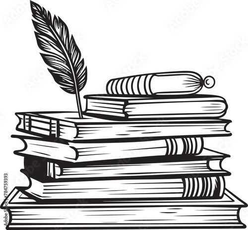 Tome and Texture Symbolic Quill and Parchment Design Inkwell Illumination Emblematic Book Stack Icon