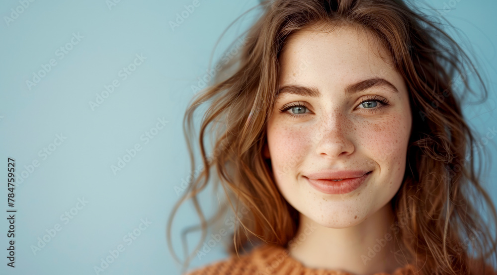 Portrait of happy woman with brown hair on light blue background, wearing white t-shirt, copy space for text, minimalism. Portrait of happy woman with brown hair on light blue background, wearing white t-shirt, copy space for text, minimalism.