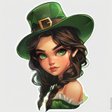 Sticker of a girl with green eyes and shoulder-length hair wearing a leprechaun hat, with a white bow on her dress, as a full body digital artwork in the style of digital art.