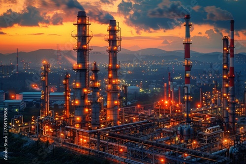 Majestic view of an illuminated oil refinery with towering structures against a twilight sky, symbolizing energy production and industrial might photo