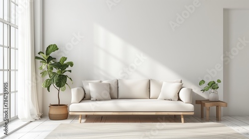 Simple living room interior with copy space on white wall. 
