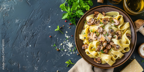 Plantbased recipe pasta with mushrooms and cheese on table. Copy space. Generative AI