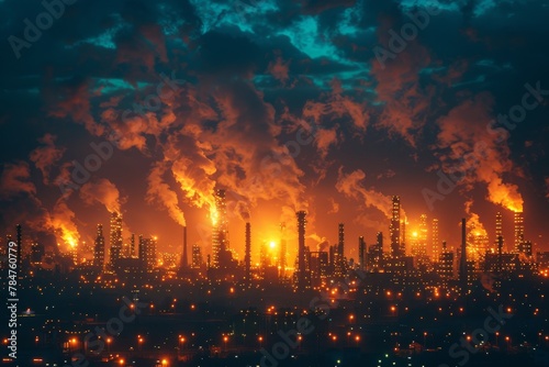 An image capturing an industrial skyline against a fiery sunset, depicting energy and production power photo