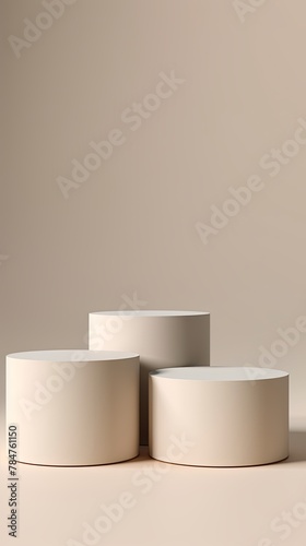 Abstract white background with three cylinder pedestal podiums for product presentation on beige background, mockup 3d rendering illustration 