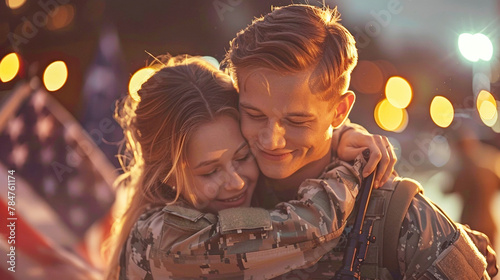 Emotional image capturing a soldier's homecoming on Memorial Day, reunited with his family, the American flag waving in the background, symbolizing the resilience and strength of military bonds.