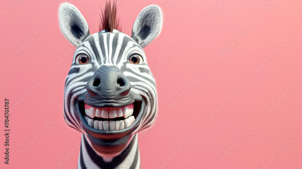 Caricature very big toothy wide of smiling Zebra, zebra with white smile looking at camera on pink background Caricature very big toothy wide of smiling Zebra, zebra with white smile looking at camera on pink background