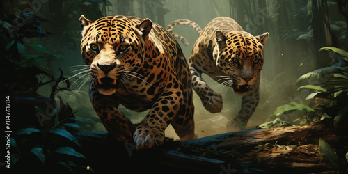 Two jaguars playfully chasing each other through a lush rainforest, their sleek coats and agile movements a testament to their wild beauty. © Kaneez