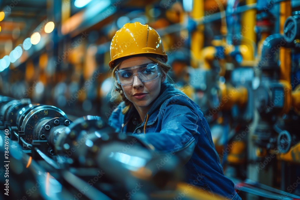 Young female worker in safety gear attentively operates machinery at an industrial site Young female worker in safety gear attentively operates machinery at an industrial site