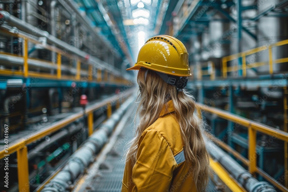 A young female engineer in yellow helmet surveys industrial refinery pipelines with focus and professionalism A young female engineer in yellow helmet surveys industrial refinery pipelines with focus and professionalism