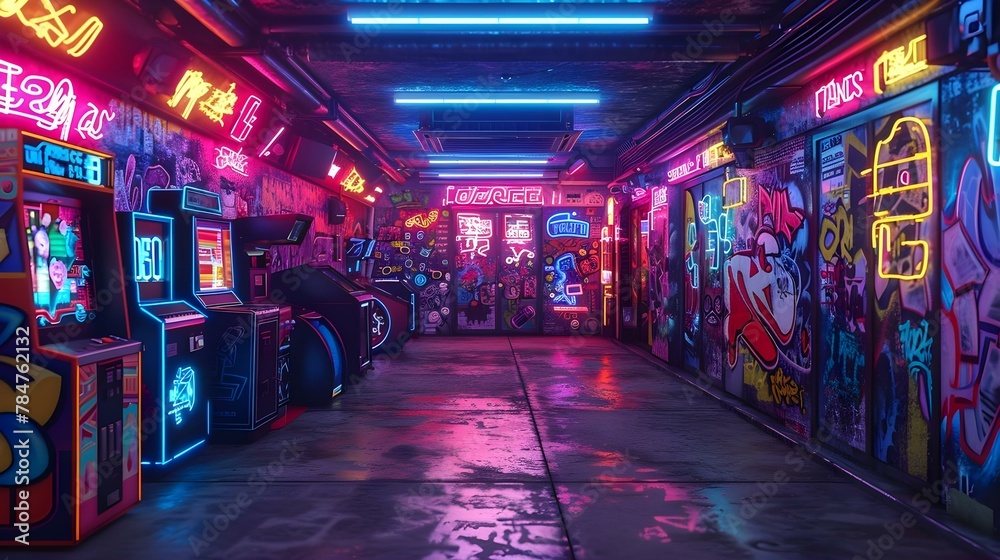 Cyberpunk Arcade Alley: Neon Glow and Urban Artistry. Concept Cyberpunk Aesthetics, Neon Lighting, Urban Graffiti, Futuristic Technology