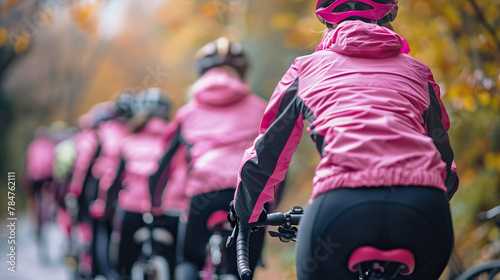 World bicycle day concept International holiday june 3,rear view of sportswoman in pink jackets riding bicycles in groups sports lovers, background, banner, card, poster with text space photo