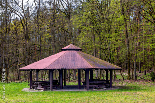 Wooden gazebo for relaxation and barbecue against the backdrop of the forest