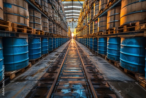Rows of blue storage barrels line up leading to a vanishing point in a warehouse, symbolizing logistics and large-scale storage