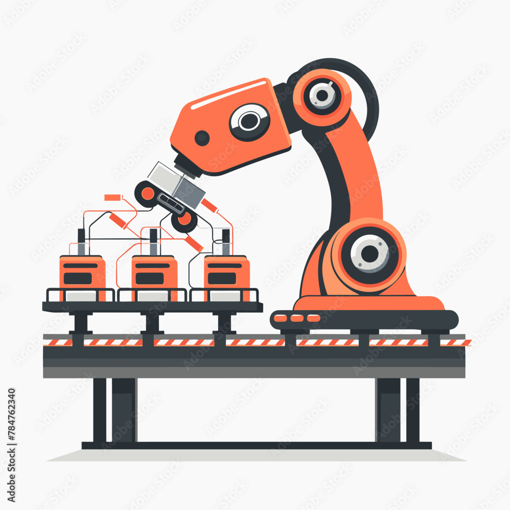 Robot assembly line. Robotic arm on conveyor belt. Vector illustration Robot assembly line. Robotic arm on conveyor belt. Vector illustration