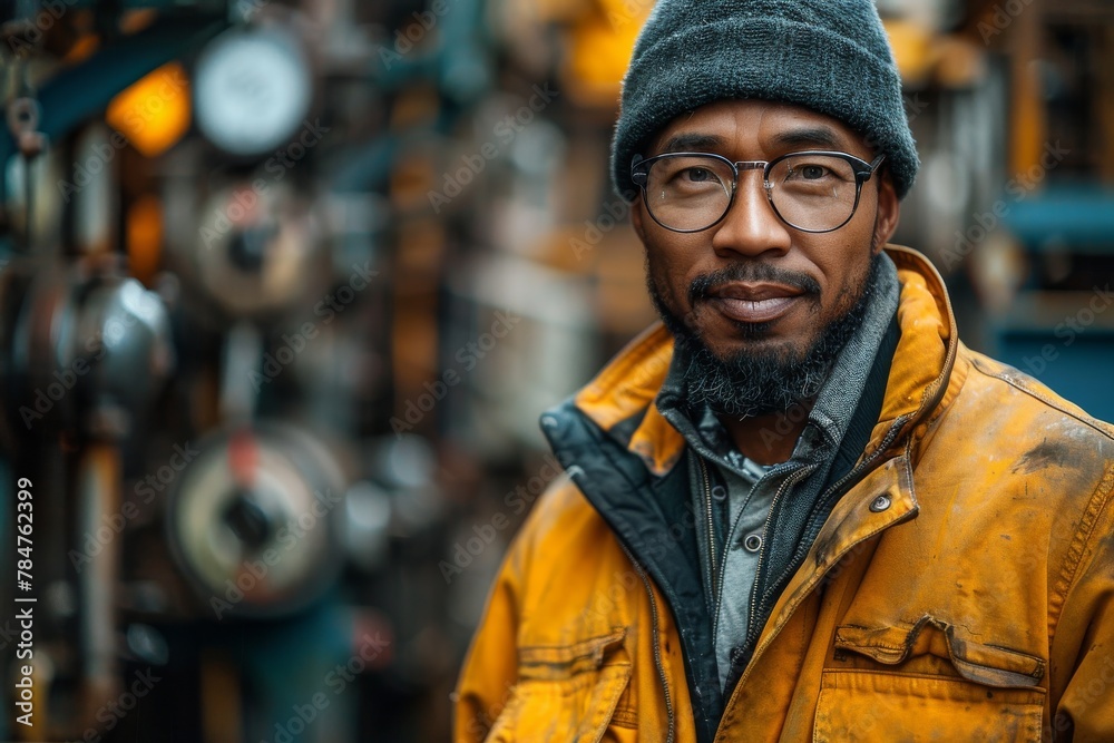 A portrait of a confident man wearing a beanie and glasses with a background of assorted tools