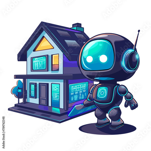Robot and house. Cartoon illustration of robot and house vector icon for web