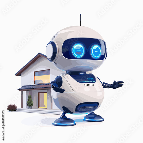 Robot in front of a house. Vector illustration. Cartoon style.