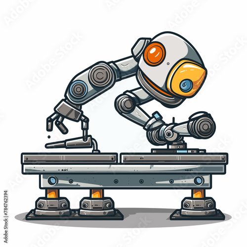 Robot on a conveyor belt. Cartoon vector illustration isolated on white background.