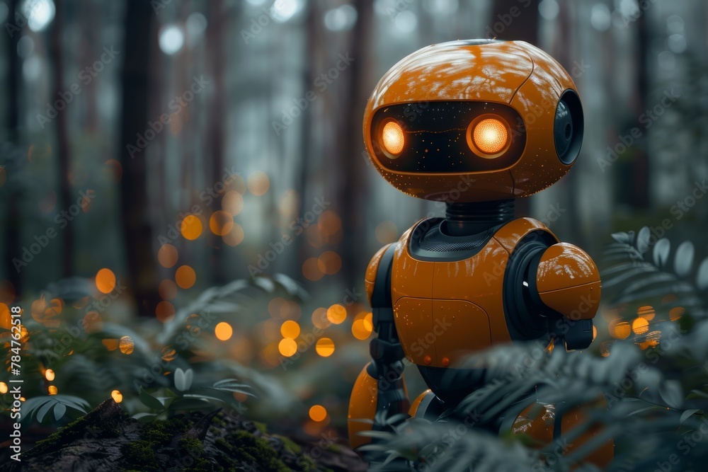 A futuristic orange robot explores a misty, ethereal forest, giving a sense of wonder and technology melding with nature