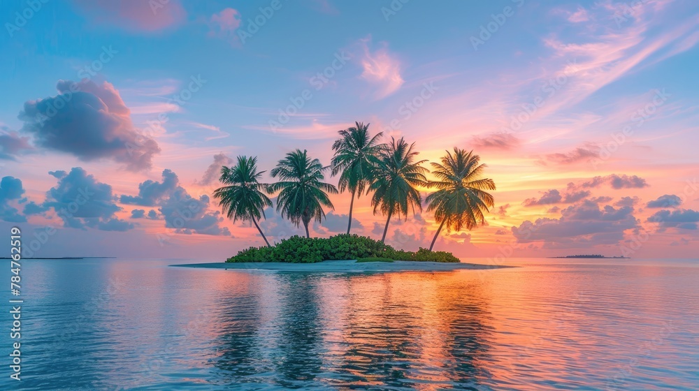 A serene island with palm trees under the radiant glow of sunset, soft tones, fine details, high resolution, high detail, 32K Ultra HD, copyspace