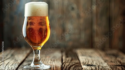 A refreshing glass of beer on a rustic wooden table, soft tones, fine details, high resolution, high detail, 32K Ultra HD, copyspace photo