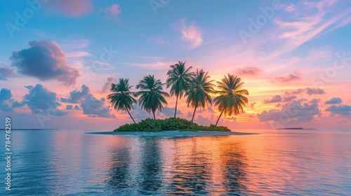 A serene island with palm trees under the radiant glow of sunset  soft tones  fine details  high resolution  high detail  32K Ultra HD  copyspace