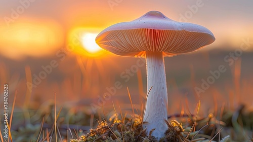 A single mushroom against a dramatic sunset backdrop in a serene landscape, soft tones, fine details, high resolution, high detail, 32K Ultra HD, copyspace