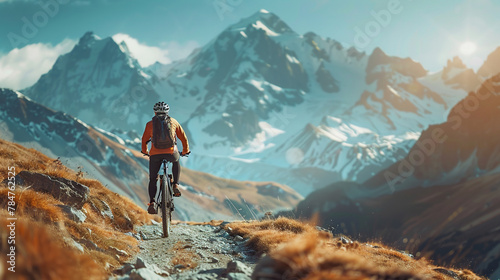 World bicycle day concept International holiday june 3, bicycle rider on mountains background, banner, card, poster with text space photo
