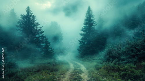 Morning mood in a foggy forest