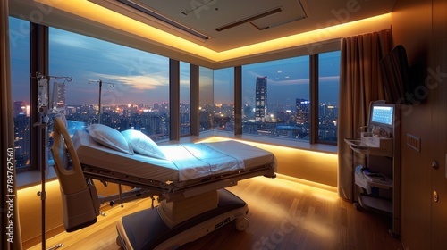 A warmly lit hospital room with an adjustable bed and a view of the city at night, soft tones, fine details, high resolution, high detail, 32K Ultra HD, copyspace photo