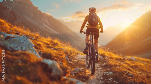 World bicycle day concept International holiday june 3, bicycle rider on mountains background, banner, card, poster with text space
