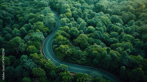 An aerial view of a curvy road cutting through dense greenery, soft tones, fine details, high resolution, high detail, 32K Ultra HD, copyspace © Vodkaz
