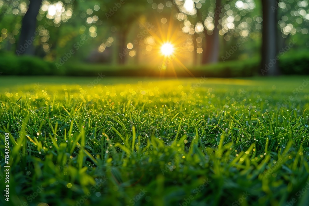 Morning light illuminates a fresh field of grass, dew drops glistening in the sunrise creating a serene landscape Morning light illuminates a fresh field of grass, dew drops glistening in the sunrise creating a serene landscape