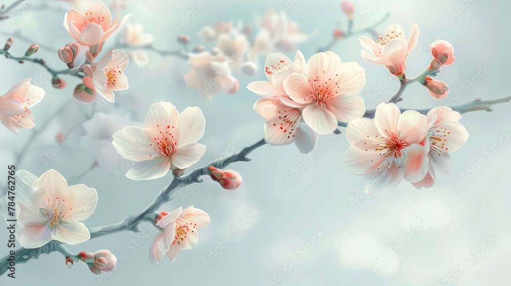 Elegant spring blossoms on a branch, integrated into a minimalistic design, soft tones, fine details, high resolution, high detail, 32K Ultra HD, copyspace, watercolor hand drawn