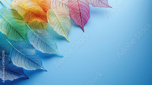 Colorful skeleton leaves in gradation on a blue background, soft tones, fine details, high resolution, high detail, 32K Ultra HD, copyspace