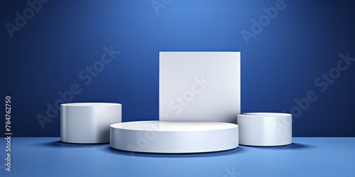 Abstract white background with three cylinder pedestal podiums for product presentation on indigo background  mockup 3d rendering illustration 