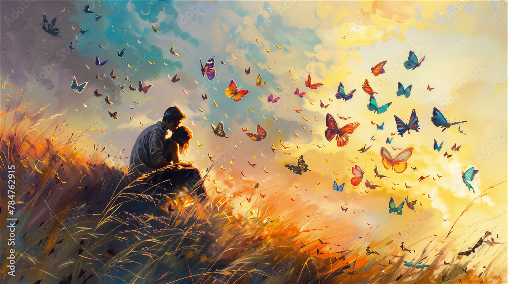 Father with daughter sitting on the hill and watching the butterflies flying above the meadow. Oil painting on canvas.
