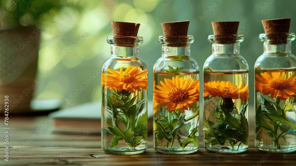 Herbal calendula essence in transparent bottles with fresh blooms, soft tones, fine details, high resolution, high detail, 32K Ultra HD, copyspace