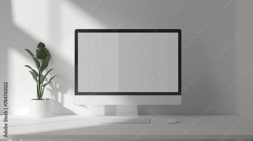 Fototapeta premium Front view minimalist workspace desk with a computer on white wall background. AI Generative.