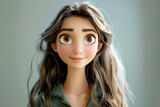 3D cartoon, cartoon character, young woman with long hair and big eyes looking at the camera