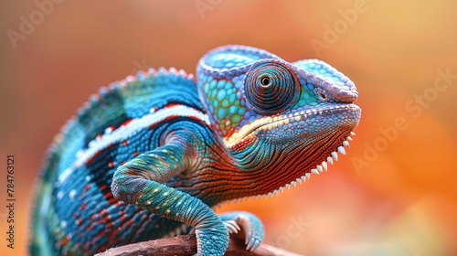 Vivid chameleon with striking colors against a warm orange backdrop  soft tones  fine details  high resolution  high detail  32K Ultra HD  copyspace