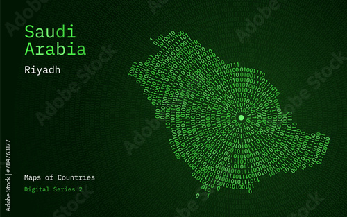 A map of Saudi Arabia depicted in zeros and ones in the form of a circle. The capital, Riyadh, is shown in the center of the circle