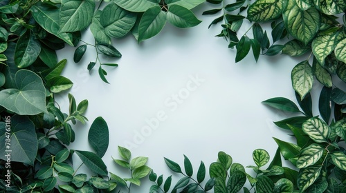 White background framed by a lush border of various green leaves, soft tones, fine details, high resolution, high detail, 32K Ultra HD, copyspace