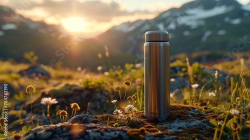  Beautiful panorama of mountain forest and metal mockup of thermos on mountain landscape background
